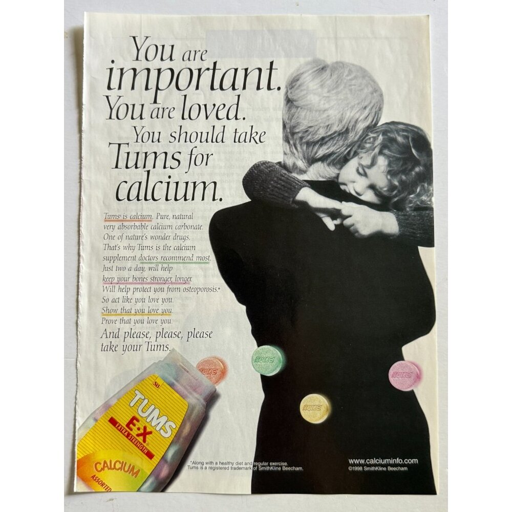 Vintage 1999 Tums Calcium Tablets Mother Holding Child Advertisement Print Ad